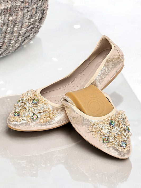 Gold Flats Glitter with Foldable Crystal Women's