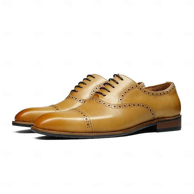 with Leather Men's Light Genuine Brown Oxford Shoes Wingtip