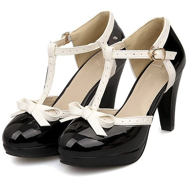 White Women's Heels Black T-Strap High Leather Patent with