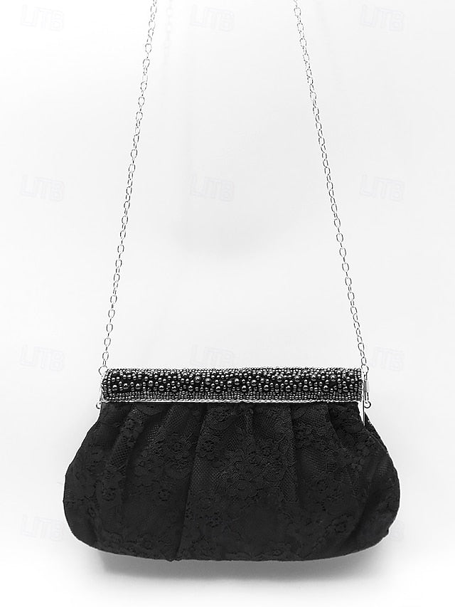 Black Elegant Beaded Clutch with Bag Women's Evening Lace