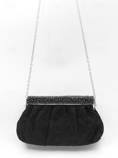 Black Elegant Beaded Clutch with Bag Women's Evening Lace