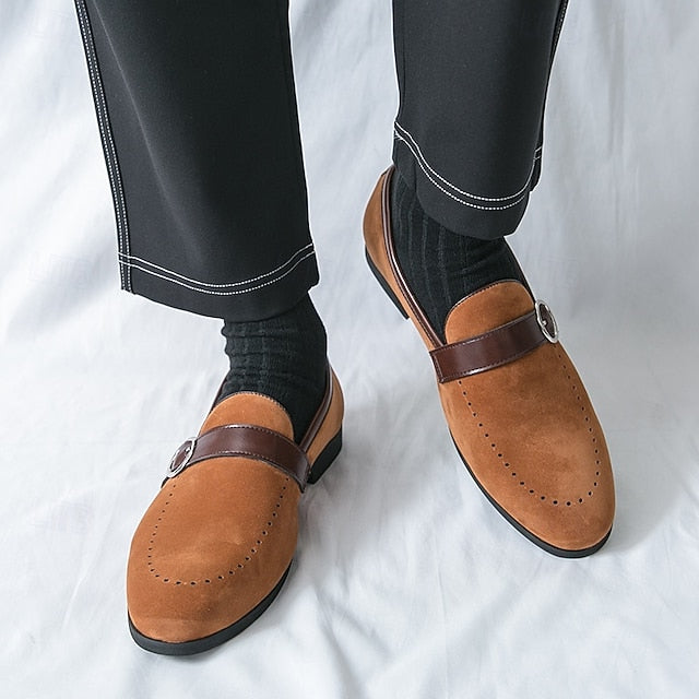Strap Brown Men's Suede Slip-On Faux Loafers with Buckle