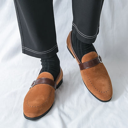Strap Brown Men's Suede Slip-On Faux Loafers with Buckle