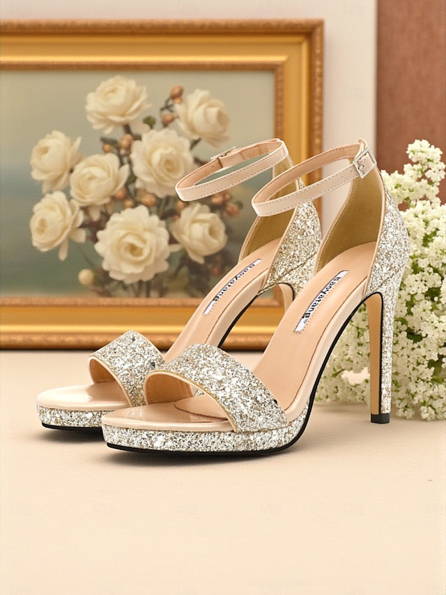 Sandals Glitter Silver High with Women's Heel Strap Ankle