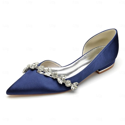 Shoes Pointed with Toe Crystal Wedding Satin Flat and White