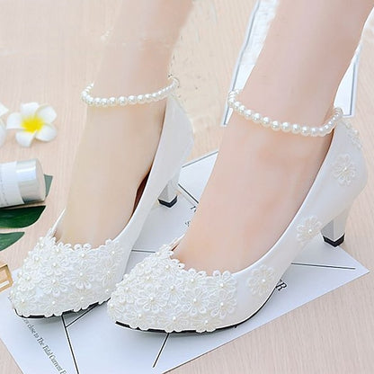 White Pearl Lace Wedding Floral Heels – Women's Decorated