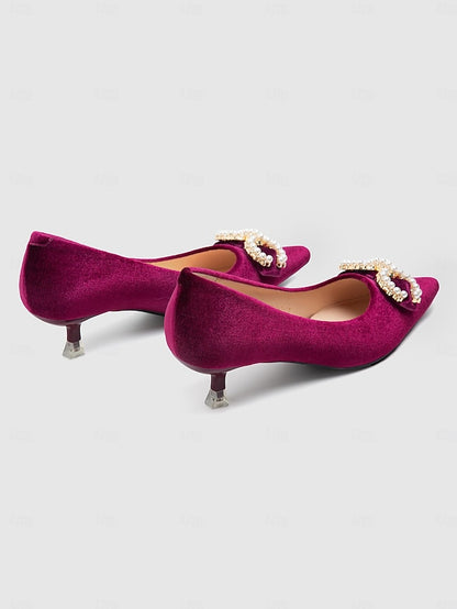 Kitten Burgundy - Velvet Pearl Pumps Bow Heel with Women's
