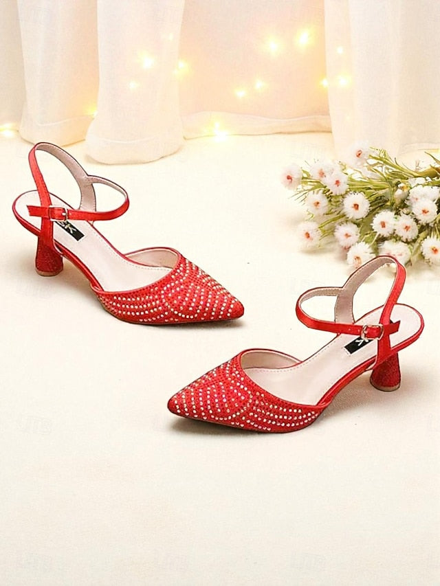 Rhinestone Women's Pointed Slingback Red Heels Toe