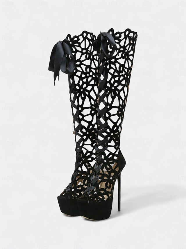 Knee Boots Stiletto Platform Peep High Sexy Cutout Women's