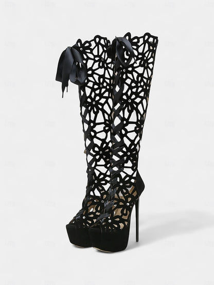 Knee Boots Stiletto Platform Peep High Sexy Cutout Women's