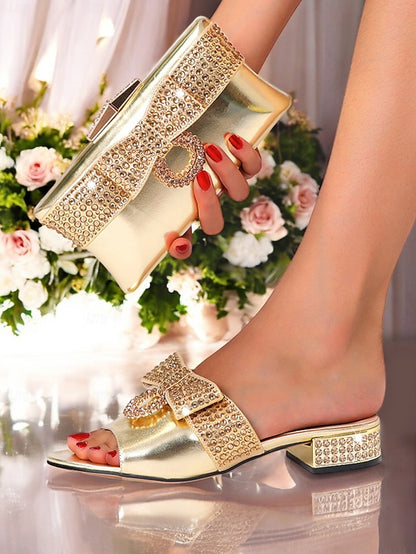 – Rhinestone with Matching Sandals Bow Clutch Flat Gold