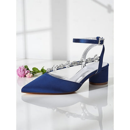 Satin Rhinestone Purple Women's Block with Heel Pumps