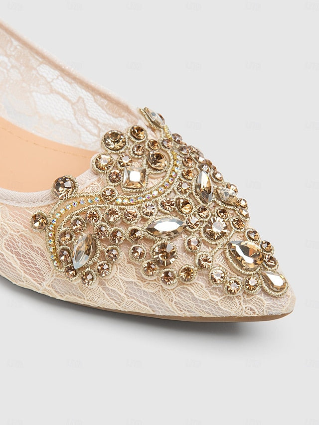 Flats Women's Beige Ornate Elegant Ballet Lace with