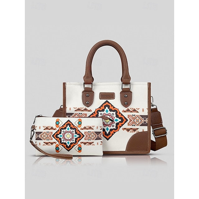 and Set Women's Ethnic Leather Faux Handbag Canvas with