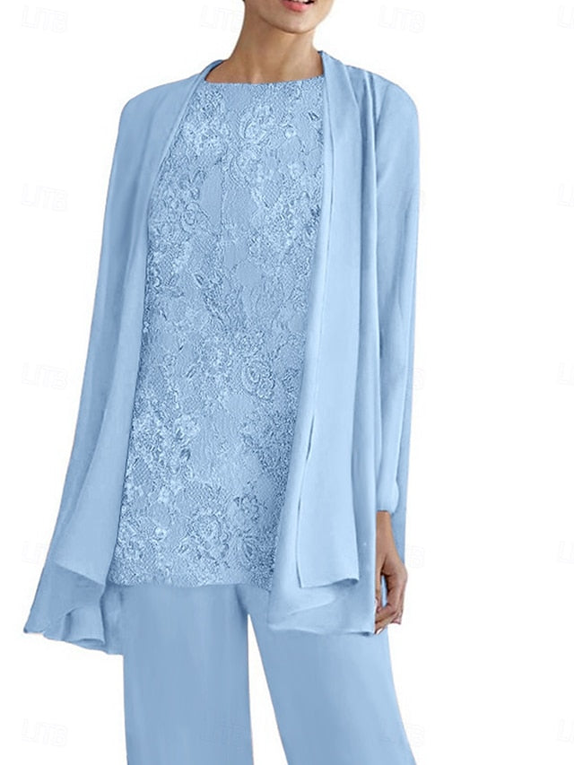 Dress Pantsuit 3 Crew the of Elegant Neck Piece Mother Bride