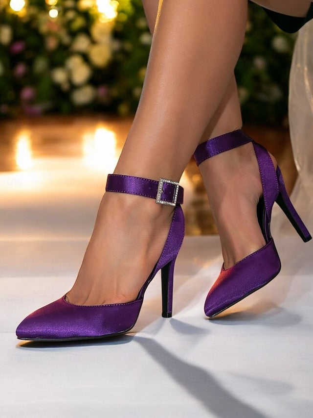 Women's Ankle Heels Pointed Strap Purple – Satin Toe