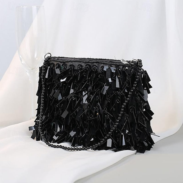 Sparkling Crystal Evening and Fringe with Black Clutch Luxurious