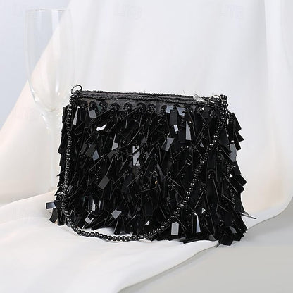 Sparkling Crystal Evening and Fringe with Black Clutch Luxurious