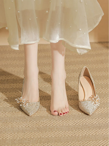 Glitter Silver Heels Stiletto Floral with Women's