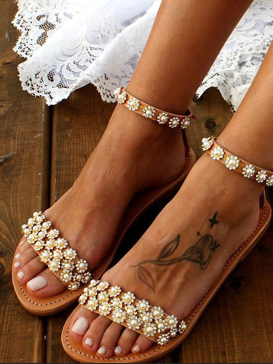 Flat with Straps Beaded Ankle Boho Chic Floral for Sandals