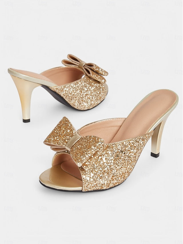 Mules Women's Glamorous Stiletto Glitter – Bow Gold Party