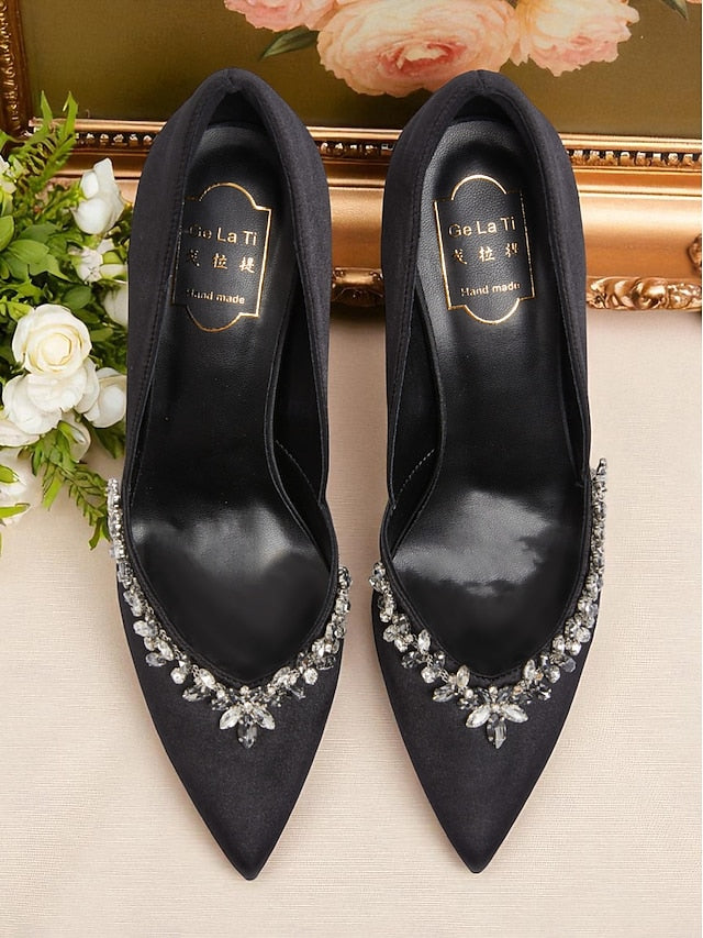 Satin with Pointed Crystal Toe Heels Women's Embellishment