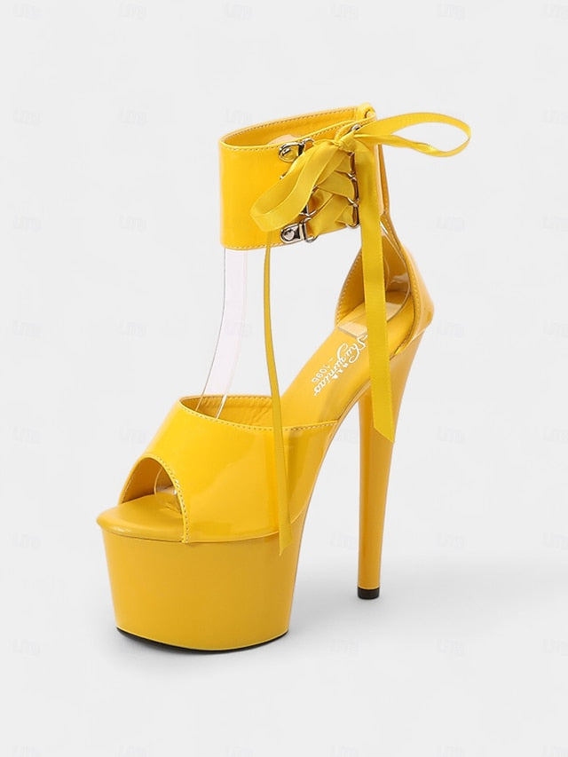 Black Patent with Platform Sandals Leather Ankle Straps Lace-Up