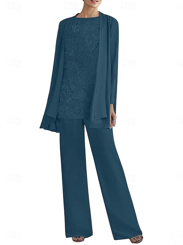 Dress Pantsuit 3 Crew the of Elegant Neck Piece Mother Bride