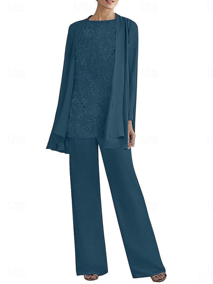 Dress Pantsuit 3 Crew the of Elegant Neck Piece Mother Bride