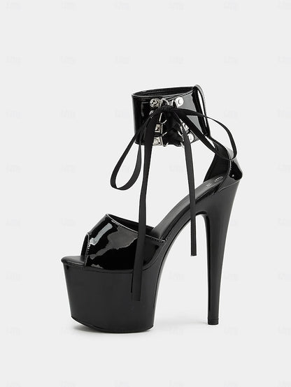 Black Patent with Platform Sandals Leather Ankle Straps Lace-Up