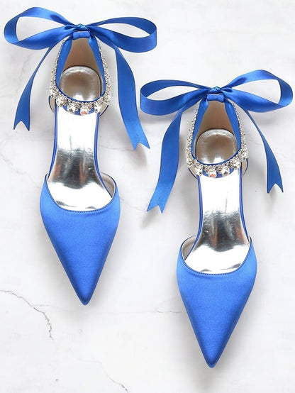 Ankle Pointed-Kitten Rhinestone Heels Strap Blue with Satin and