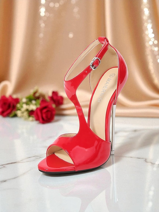 Stiletto Red Women's Leather Patent Heels Open Strappy -