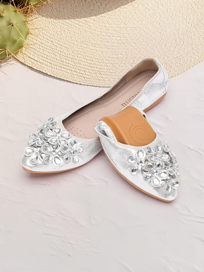 Flats with Women's Silver Foldable Rhinestone