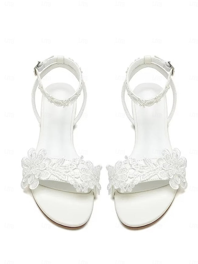 Block White Ankle with Floral Straps Lace Sandals Flats Open-Toe