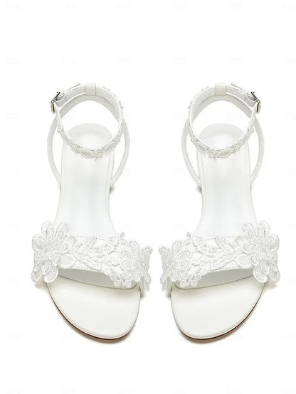 Floral Open-Toe Flats Sandals Block Ankle Lace Straps White with