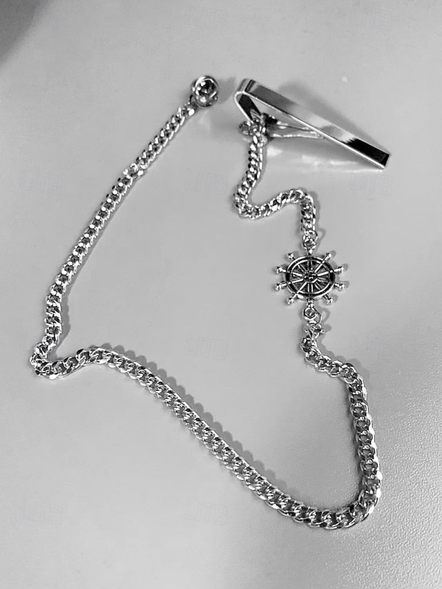 Nautical with – Ship Wheel Chain Design Silver Men's Tie