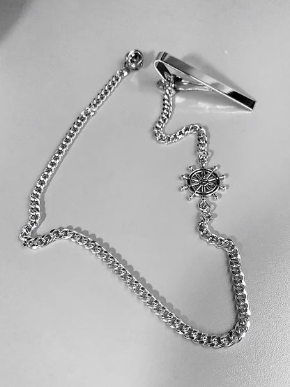 Nautical with – Ship Wheel Chain Design Silver Men's Tie