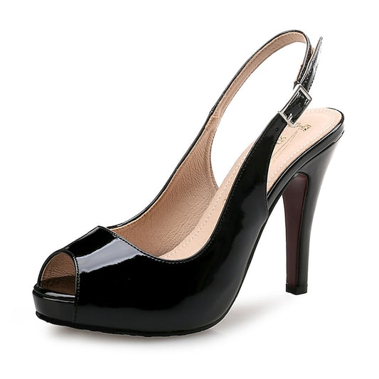 Women's High Patent Black Peep-Toe Leather Heels Slingback