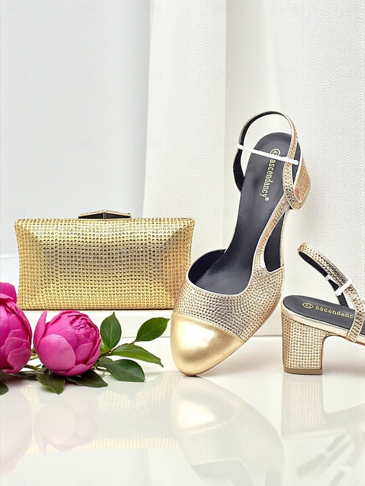 Heel Set Clutch and Gold Matching Block Sandals - Women's