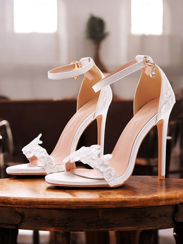 Wedding Stiletto White Heels Strap Women's Ankle Lace with