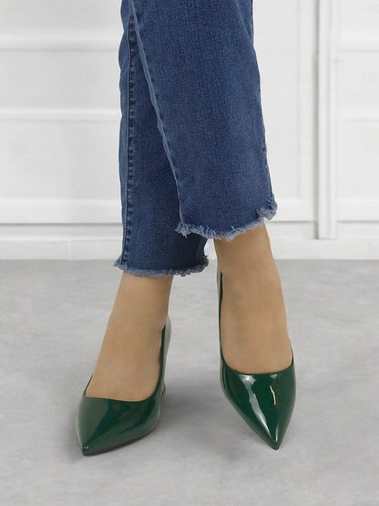 Heel Green Leather Faux Glossy Patent Pumps Pointed-Toe Block