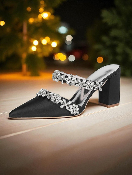 Heel Block Mules with Black Satin Floral Rhinestone Women's